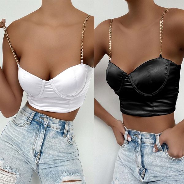 

2021 summer new fashion female slim metal chain satin camisole small vest, White