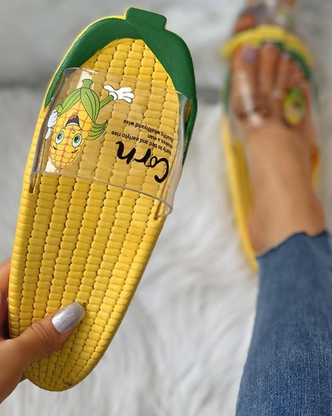 

women summer funny slippers transparent upper corn letter print flat slider sandals outdoor beach slides 2021 ladies shoes, Black