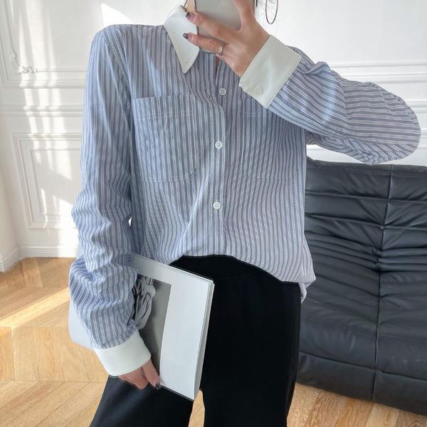 

women's jackets spring and 21 summer british style collar pocket embroidery carriage vertical stripe shirt female contrast, Black;brown