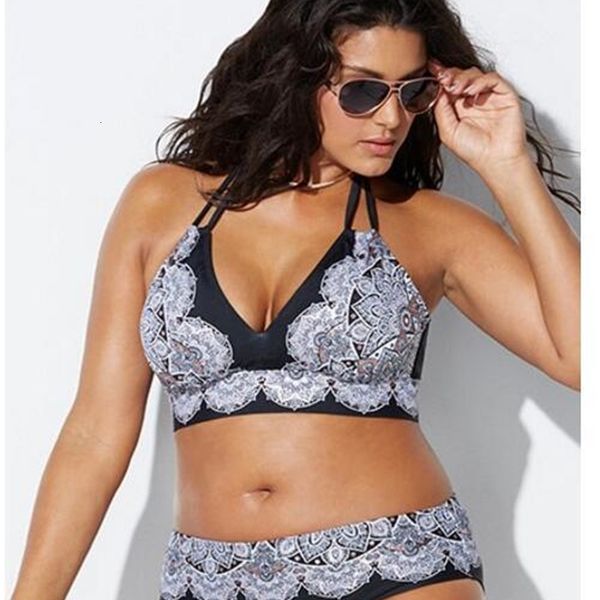 

2021 swimsuit large plus fat printed swimsuit back lace up bikini, Red;black