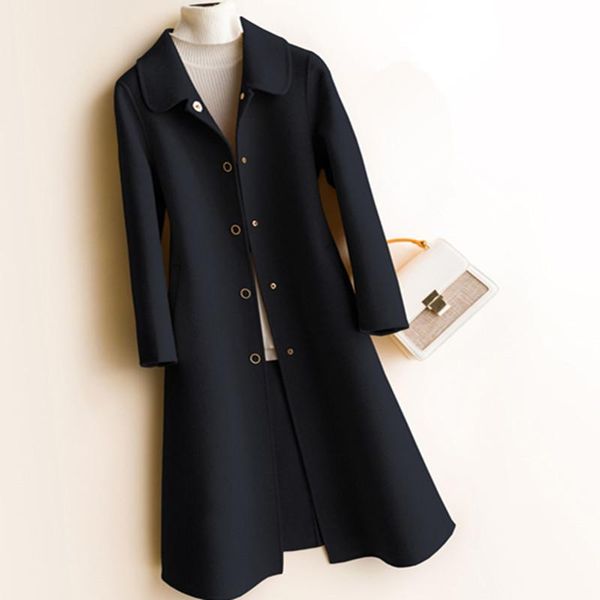 

women's wool & blends long100% coat women spring black turn-down collar double cashmere slim overcoat pure woollen