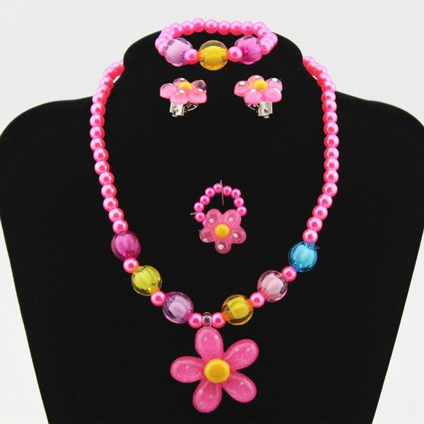 

4pcs lovely girl kids sun flower colorful necklace bracelet ring earclip imitation pearls flower children sets for kids toy gift, Silver
