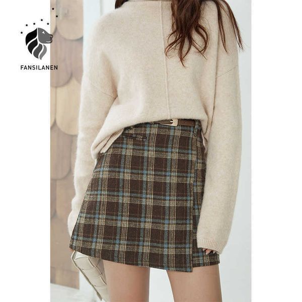 FANSILANEN Wollmischung Plaid Sexy Minirock Frauen Elegant Herbst Winter A-Linie Hohe Taille Vintage Kurz Asymmetrisch 210607