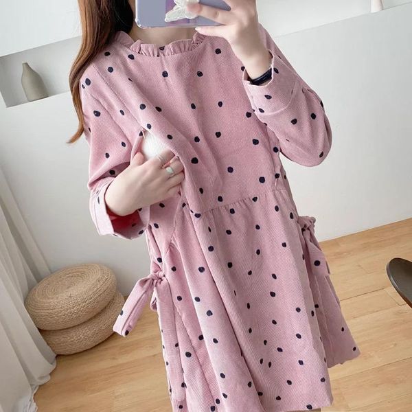 

maternity dresses full sleeve corduroy nursing blouses black dot adjust sashes breastfeeding shirt dress clothes spring, White