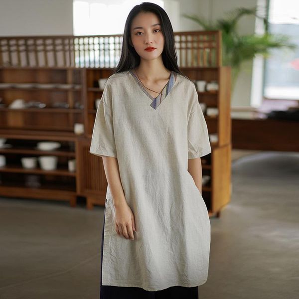 

johnature women cotton linen vintage t-shirts v-neck short sleeve 2021 summer patchwork loose clothes casual tshirts women's t-shirt, White