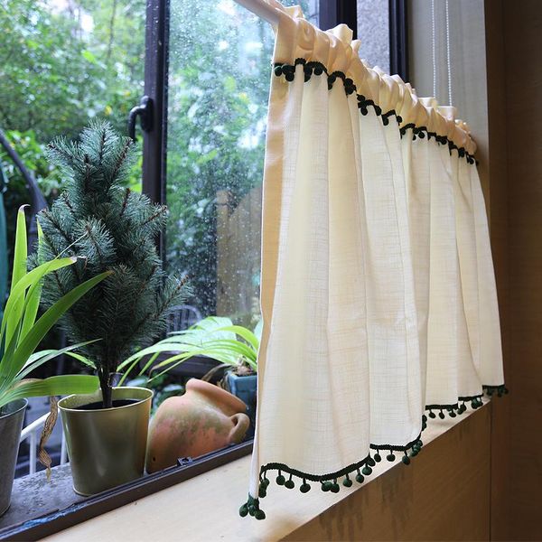 

half curtain with small furball short kitchen curtain cotton linen caffee curtaincabinet dust-proof
