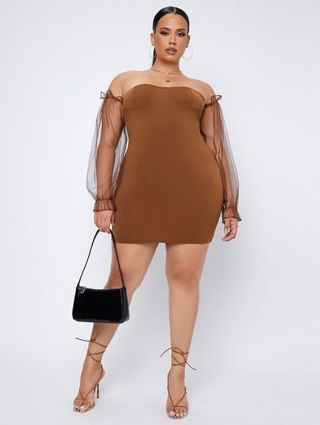 

sxy plus solid mesh sleeve bardot dress n1o6#, Black