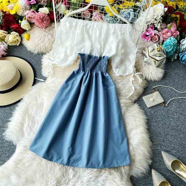 

summer chiffon patchwork dress women slim short sleeve off shoulder dresses vestidos mujer ladies casual robe 210525, Black;gray