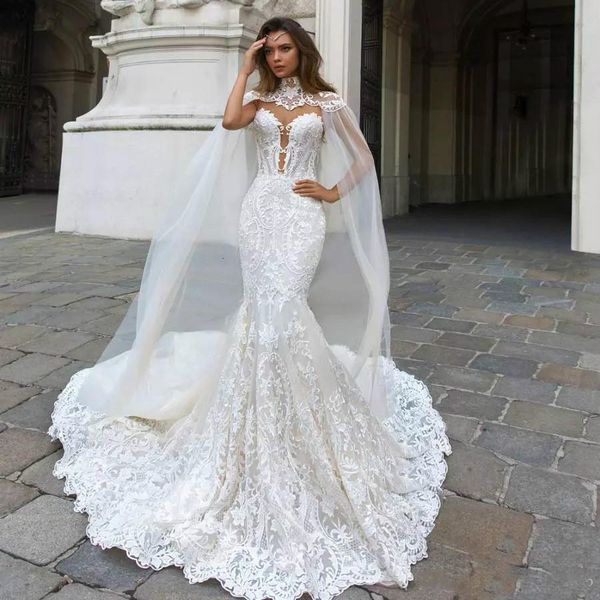 

2021 new gorgeous mermaid lace es with cape sheer neck wedding gown appliqued plus size bridal vestid de novia 90dg, White