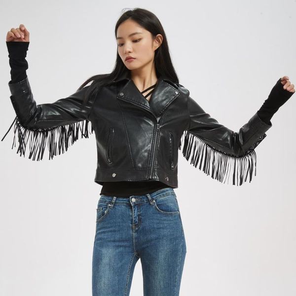 

women's leather & faux autumn fringed jacket tassel spring pu coat short slim fit waist motorcycle fashion, Black