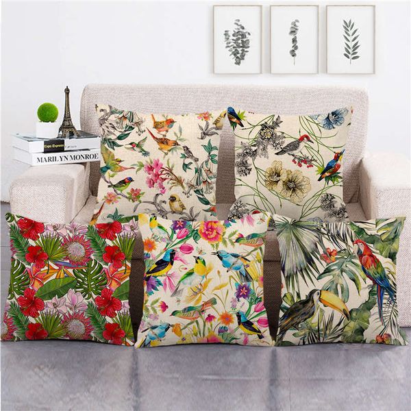 

45cm*45cm watercolor tropical flowers and birds throw cushion cover linen/cotton sofa pillow cover decorative pillow case