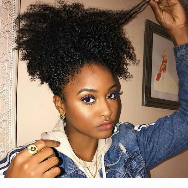 

natural human hair puff afro short kinky curly chignon hair bun drawstring ponytail wrap hairpiece fake hair extensions 120g pcs, Black