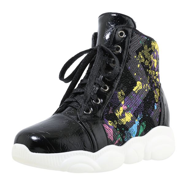 

special pattern of casual fish scale ankle light silver walking shoes with internal lace-increasing women's boots yzei, Black