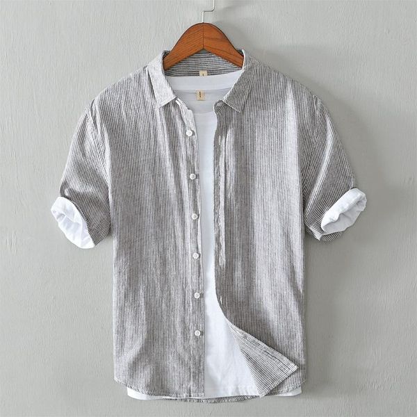 

men's casual shirts summer striped linen solid color short sleeve square collar cotton vintage breathable men's clothing, White;black