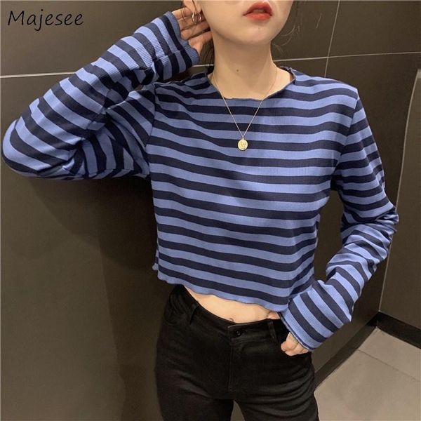 

women's t-shirt striped blue women long sleeve t-shirts loose crop leisure o-neck all-match simple spring design chic students fashion, White