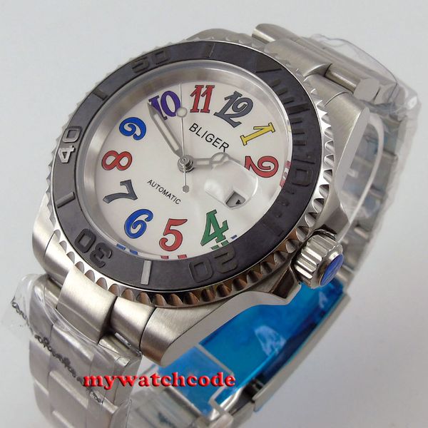 

40 mm bliger white scoreboard date window sapphire glass automatic human clock b108, Slivery;brown