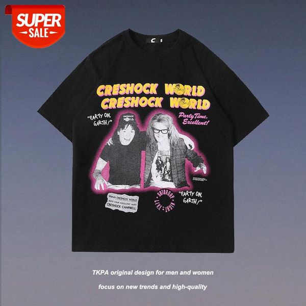 

european and american high street vibe style retro rock character print loose couple short-sleeved t-shirt men women #v79c, White;black