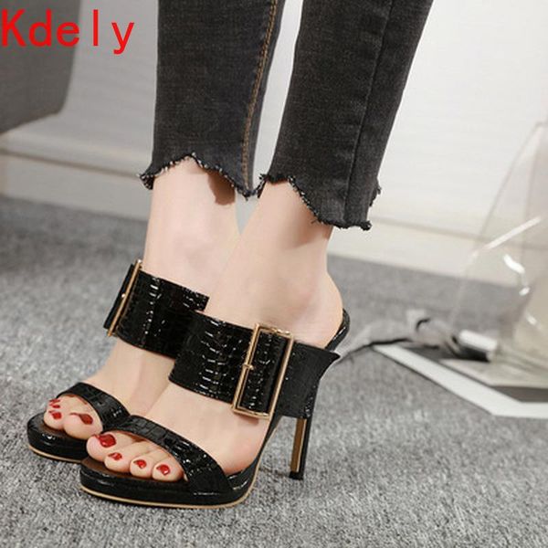 

sandals 2021 fashion gladiator summer pu women thin high heels slip-on opinted toe black dress size 35-40