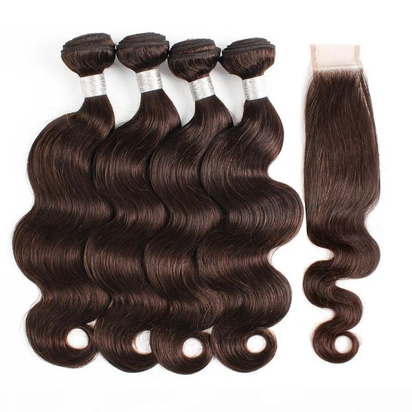 

#2 dark brown brazilian hair weave bundles with closure body wave 3 4 bundles with 2x6 lace closure remy human hair extensions, Black;brown