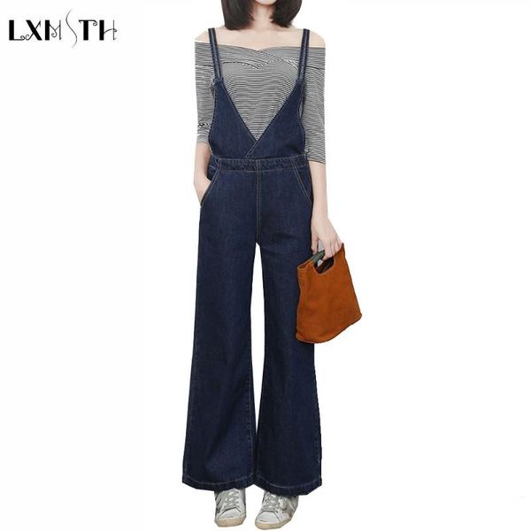

women's jeans lxmsth 2021 spring belt women pants wide leg dark blue loose ladies denim pockets solid casual jean trousers