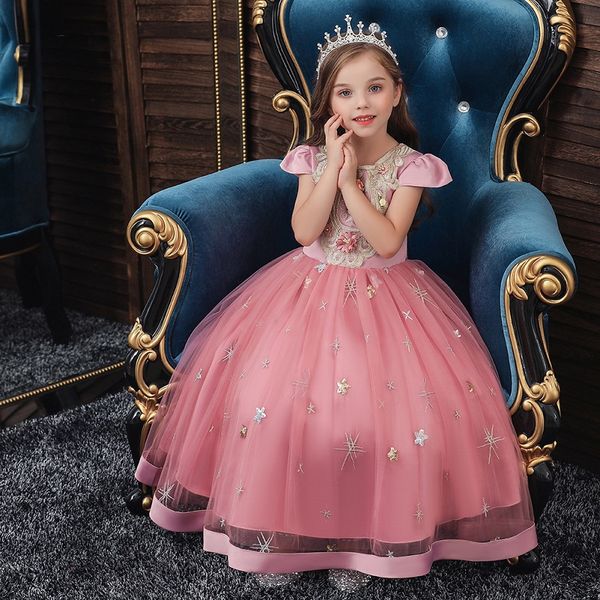 

new flower girl wedding party exchange banquet embroidery long dress girl princess birthday party mesh long dress, White;pink