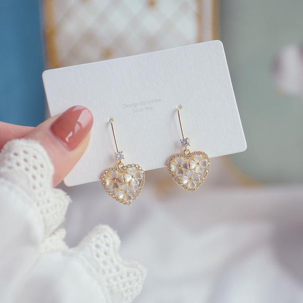 

dangle & chandelier korea design fashion jewelry 14k real gold plating zircon shell flower love earrings elegant women's wedding access, Silver