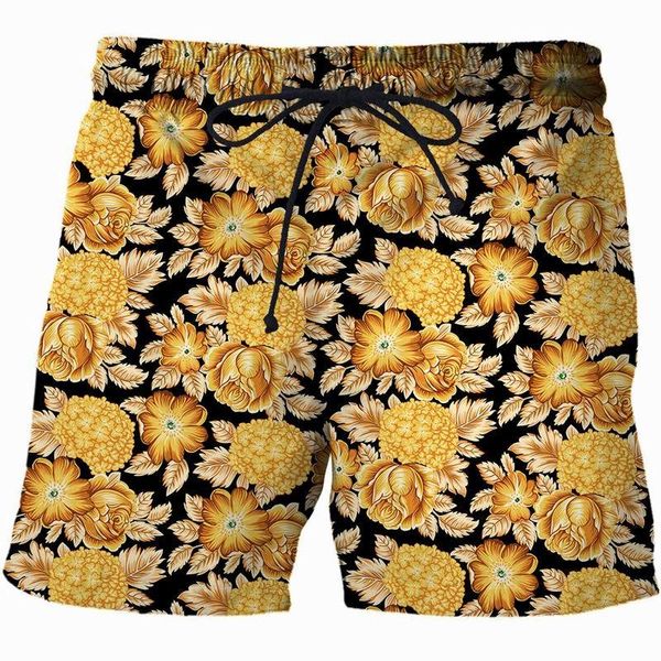 Pantaloncini da uomo Corona barocca Fiore d'oro Stampa 3D e pantaloni da spiaggia estivi da donna ad asciugatura rapida Abbigliamento sportivo casual