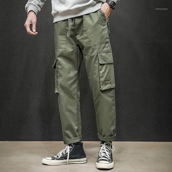 

men's pants cargo men hip hop joggers harem multi-pocket ribbons man sweatpants streetwear mens casual workwear a50, Black
