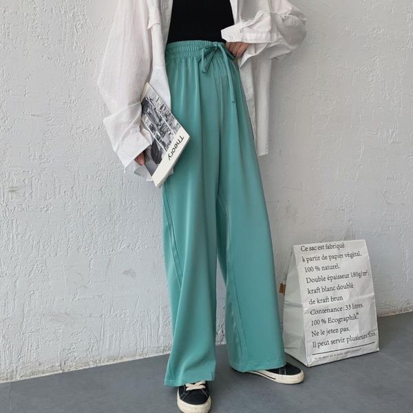 

women's pants & capris [ewq] 2021 spring faux satin straps and high waist women trousers korea elastic lace up wide leg multicolor qx92, Black;white