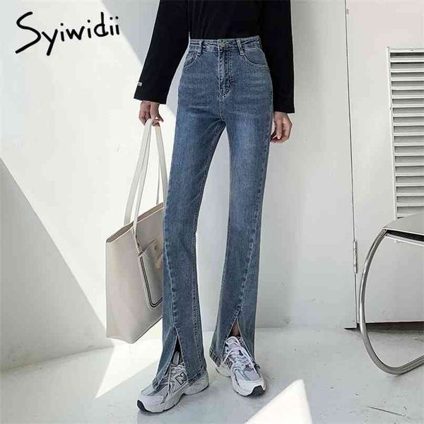 

slit jeans woman blue black stretch denim flare pants ripped high waisted wide leg full length clothes fashion 210607