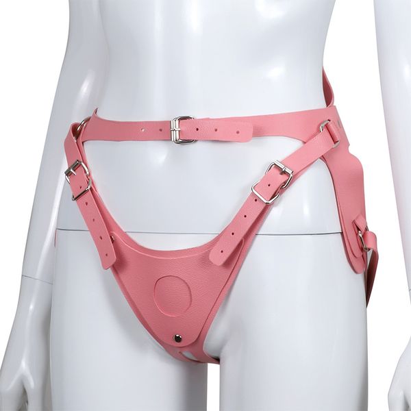 Cinturino bondage sadomaso in pelle rosa Pu su dildo Mutandine strapon regolabili Imbracatura senza spalline Giocattolo del sesso lesbico per le donne