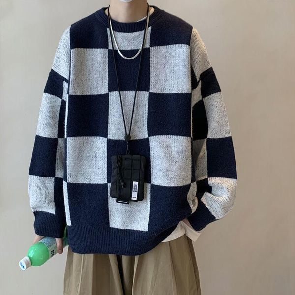 

men's sweaters 2021 checkerboard sweater male loose harajuku casual korean fashion winter japanese couple pullover plaid knitted, White;black