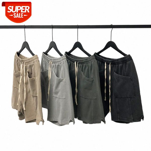 

kanye street style retro washed distressed irregular pocket split loose straight shorts five-point pants #l26p, Black