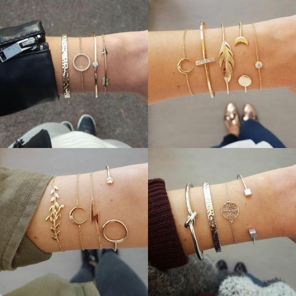 

link, chain juorest 4 pcs/ set bracelet sets for women multilayer pendant gold metal leaves moon bohemian gift, Black