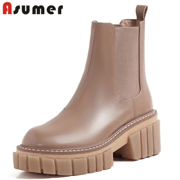 

asumer genuine leather shoes women ankle boots autumn winter chelsea boots square heel platform shoes woman 210914, Black