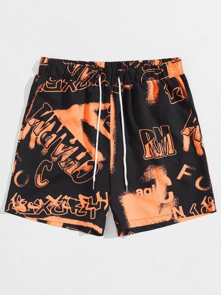 

romwe guys graffiti graphic drawstring shorts 7'' v6fe#, Black