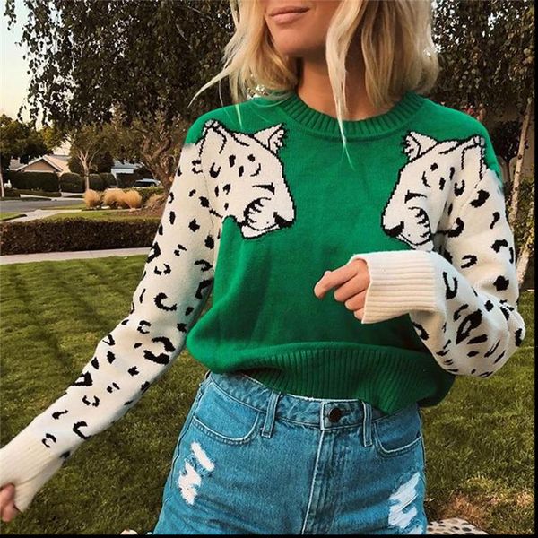 

women animal knitted sweater casual o neck long sleeve sweater pullovers autumn basic pull femme knitting sweaters jumpers, White;black