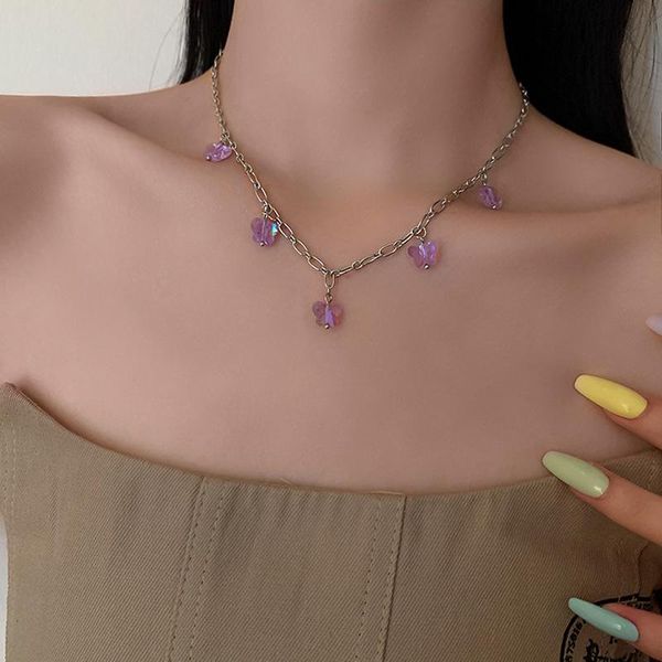 

chokers origin summer luxury purple crystal butterfly pendant necklace for women girls silver colour link chain accessories, Golden;silver