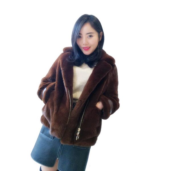 

women's fur & faux short and turn-down collar light color woman natural mink coat, Black