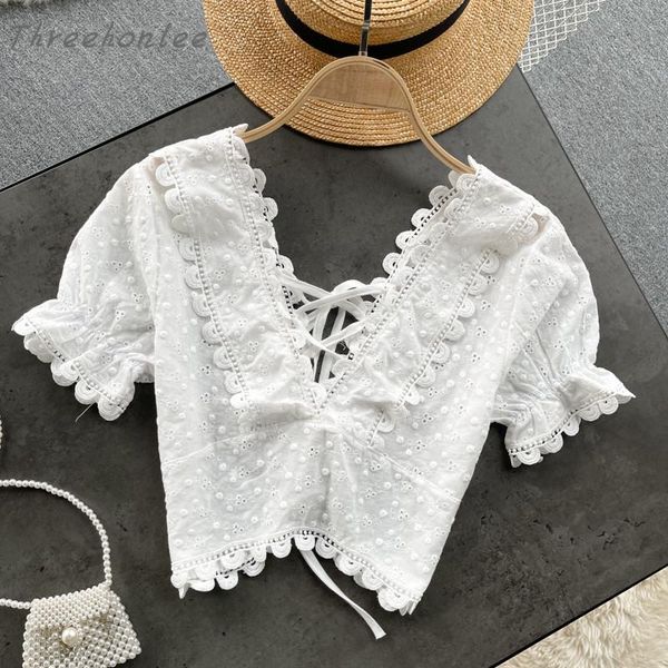 

women's blouses & shirts spring summer 2021 women shirt puff sleeve lace edge open back versatile v-neck cross fashion tide female outf, White