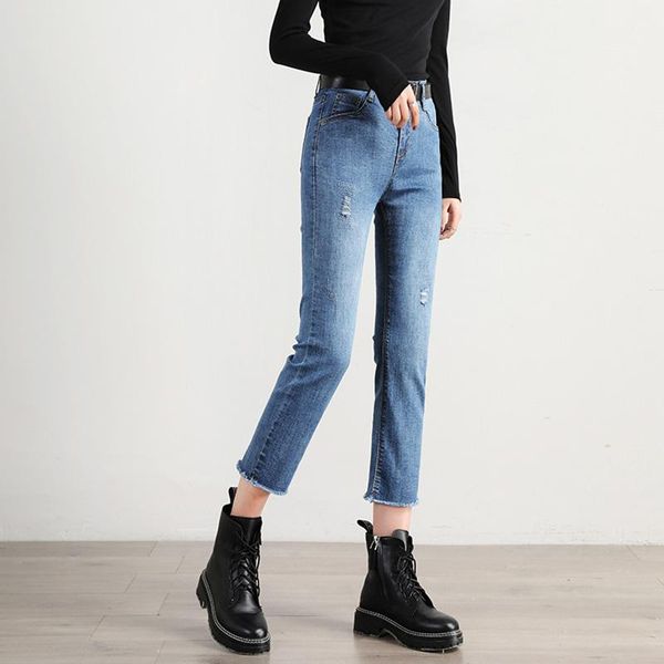 

women's jeans trendy spring women vintage washed scratched casual straight slim trousers female high waist ankle length pants, Blue
