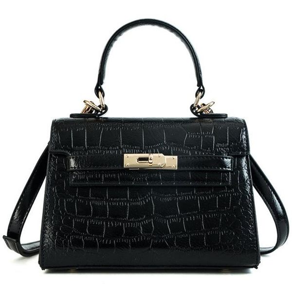 

new lock crocodile leather luxury handbag women messenger designer shoulder original kally bag, Black