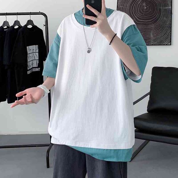 

men's t-shirts summer cotton short-sleeved t-shirt fashion hit color casual t shirt men streetwear loose hip-hop fake two tshirts, White;black