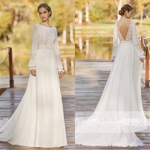 

vestido de noiva boho wedding dresses 2021 elegant bride dress beach chiffon wedding gown long sleeve simple floor length gowns, White