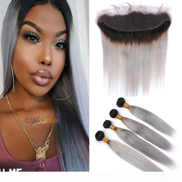 

silver grey ombre human hair 4 bundles and frontal brazilian straight #1b grey ombre weaves virgin hair extensions with lace frontal 13x4&qu, Black;brown