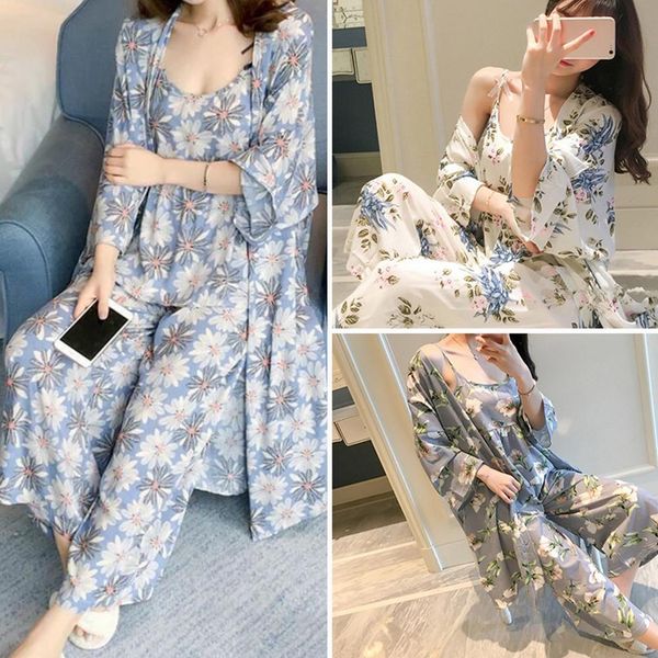 

3 pieces sleepwear lounge set women floral print long sleeve cardigan vest long pants sleepwear set robe soft, skin-friendly, Black;red