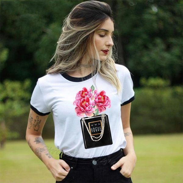 

women clothes 2021 summer vogue t shirt harajuku fashion brand perfume flower female t-shirt leisure printed tshirt, White