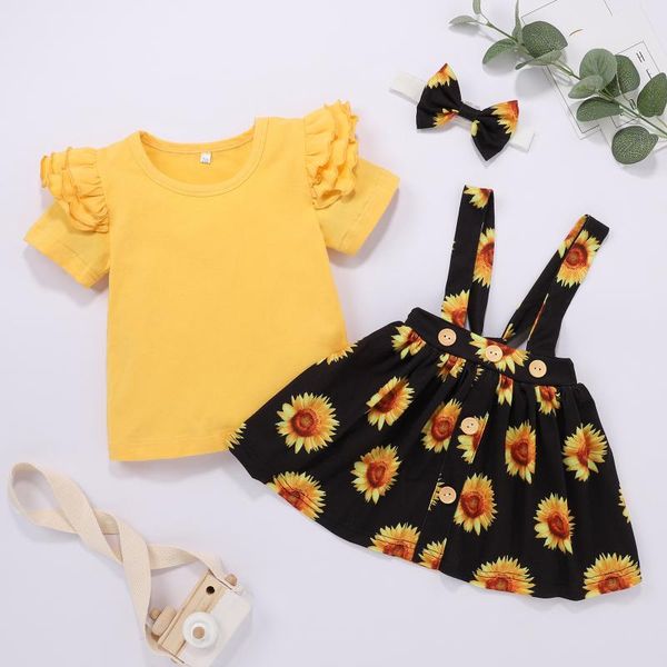

newborn baby girl clothes set fashion sunflower dress solid wrinkle sleeve headband 3pcs spring toddler infant outfits, White