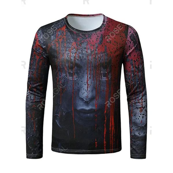 

halloween men's scary woman digital print round neck slim body shirt, Black