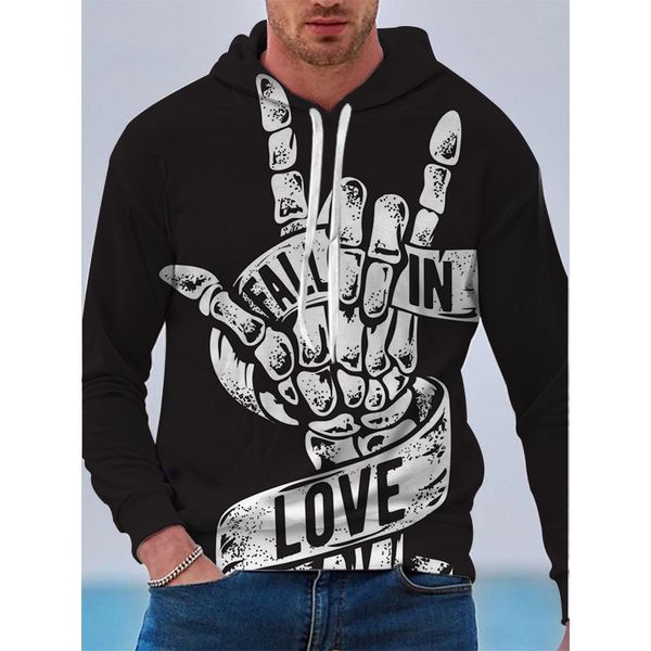 

letter pattern men's 3d printed hoodie visual impact party punk gothic round neck sweatshirt hoodie, Black